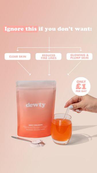 A clean, minimalist 9:16 layout featuring a Daily Collagen supplement bag, a glass of prepared drink, and clear visual cues for product benefits.